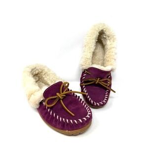 LL Bean Wicked Good Moccasins Plum Purple Suede Shearling Slippers Women 7